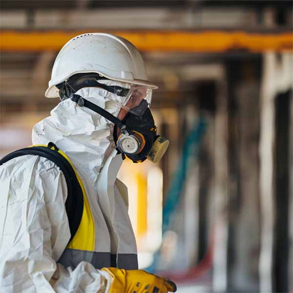 man wearing respirator performing a commercial asbestos inspection